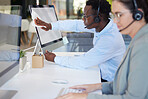 Call center, computer and employee cleaning screen ready for customer service in office to prepare for work. Mockup, hygiene and black man consultant wipe equipment as maintenance for telemarketing