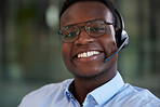 Portrait, customer service and black man with telemarketing, smile or crm with tech support, business or headphones. Face, male person or consultant with happiness, headset or telecom sales with help