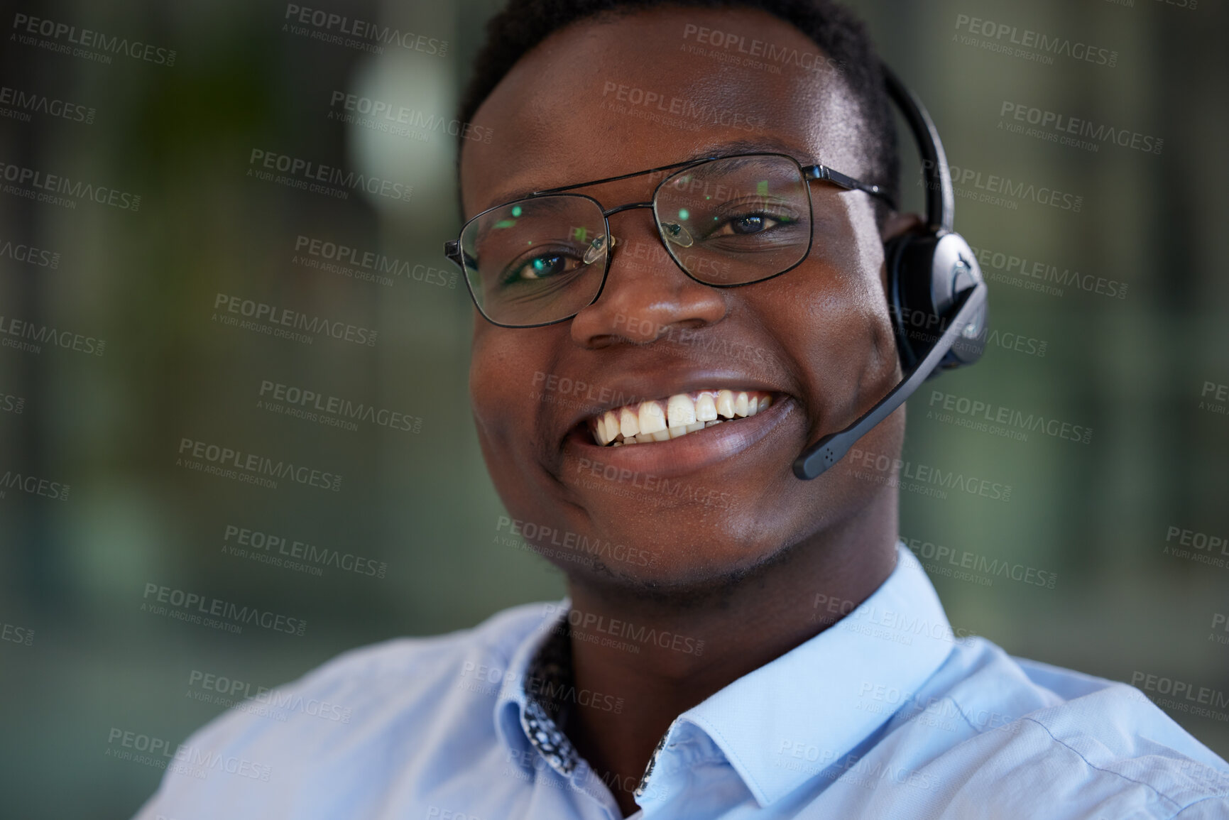 Buy stock photo Portrait, customer service and black man with telemarketing, smile or crm with tech support, business or headphones. Face, male person or consultant with happiness, headset or telecom sales with help