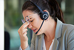 Customer support, call center burnout or business woman stress over help desk mistake, networking problem or crisis. Mental health, telemarketing fail and depressed insurance agent with headache pain