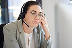 Customer service, computer and business woman bored with help desk work, networking overtime or telemarketing. Burnout fatigue, technical support and insurance agent tired, depressed and reading info