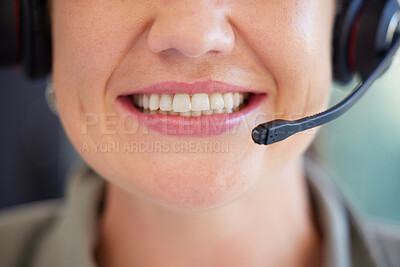 Buy stock photo Call center, woman or mouth of consultant for customer support, microphone or CRM communication. Closeup, face and happy sales agent smile for telemarketing advisory, telecom contact or FAQ questions