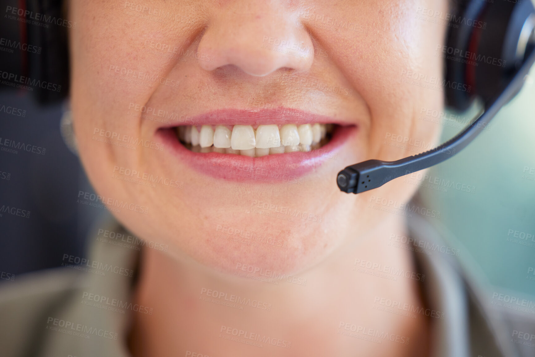 Buy stock photo Call center, woman or mouth of consultant for customer support, microphone or CRM communication. Closeup, face and happy sales agent smile for telemarketing advisory, telecom contact or FAQ questions