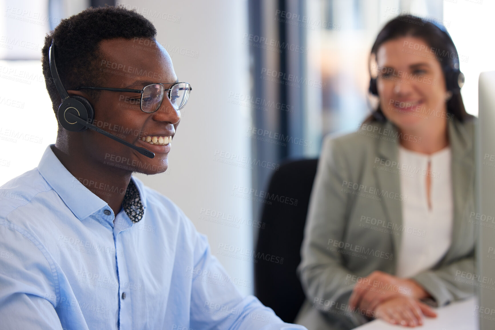 Buy stock photo Customer service, callcenter or happy people, black man or business agent consulting on help desk consultation. Networking communication, diversity or telemarketing team smile for sales pitch success