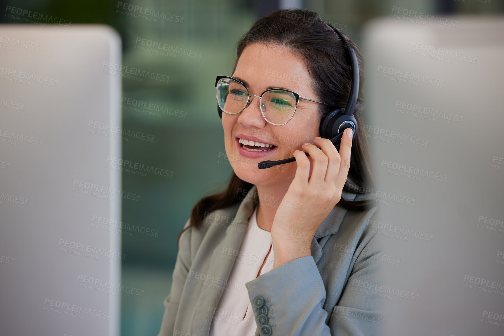 Buy stock photo Computer, call center and woman with telemarketing, talking and crm with customer service, help and headphones. Ecommerce, female person and happy consultant with happiness, headset and tech support