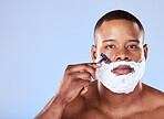 Beard hair removal, cream and portrait of a black man on a blue background for grooming and beauty. Serious, spa and face of an African person with a razor for shaving and cleaning on the face