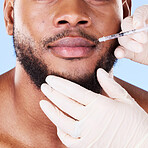 Man, plastic surgery and needle in studio for lips, filler and beauty for face transformation by background. African patient, model or surgeon hands for skincare, syringe or dermatology for aesthetic