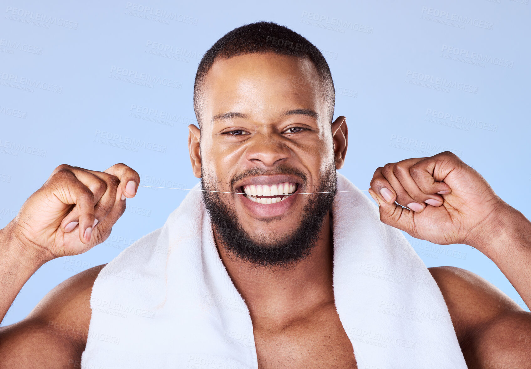 Buy stock photo Portrait, man and floss teeth for smile, dental health and care for gum gingivitis in studio. Face of happy black male model, oral thread and cleaning mouth for fresh breath, tooth hygiene and beauty