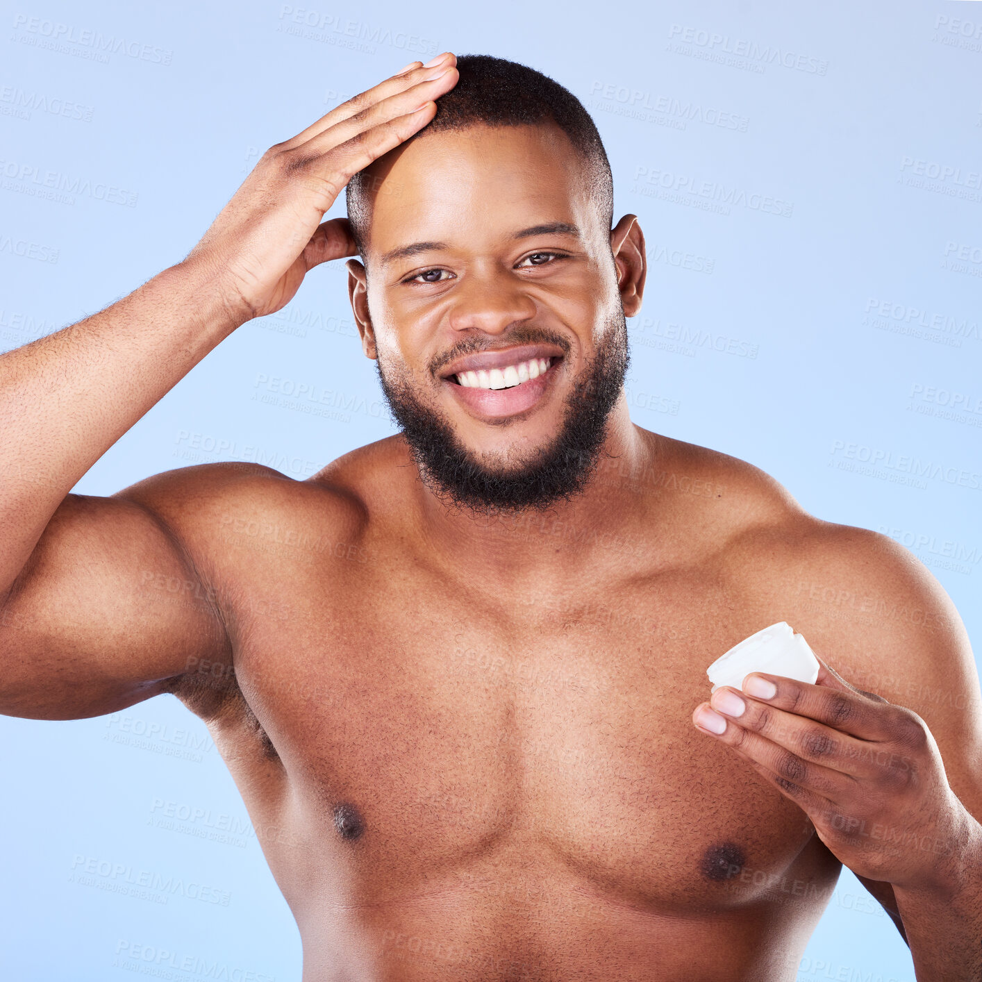 Buy stock photo Health, portrait and a black man with cream for hair care, shine and moisture on a studio background. Happy, wellness and an African person or model with gel for growth isolated on a backdrop