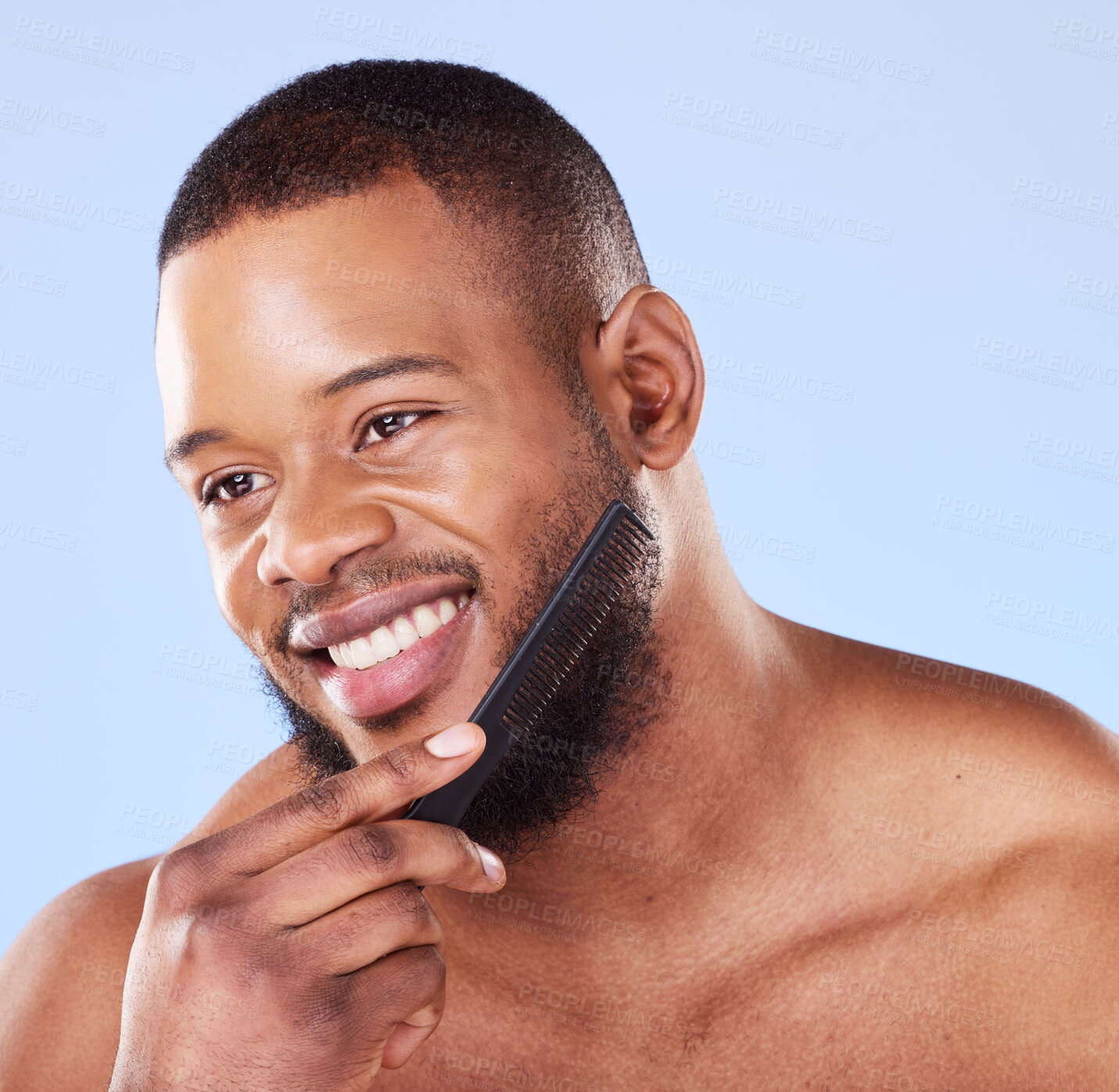 Buy stock photo Black man, beard and comb in studio for beauty, aesthetic grooming and barber cosmetics. Face of male model, brush and facial hair care product, tool or accessory for routine, skincare and aesthetics