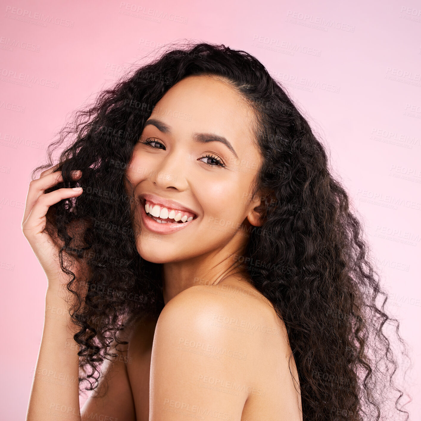 Buy stock photo Happy, beauty and portrait of woman in studio for wellness, facial treatment and cosmetics. Dermatology, salon aesthetic and female person with skincare, glow and natural face on pink background