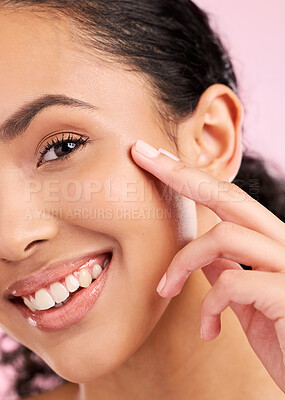 Buy stock photo Skincare, beauty and closeup portrait of woman in studio for wellness, facial treatment and cosmetics. Dermatology, spa and female person with healthy skin, glow and natural face on pink background