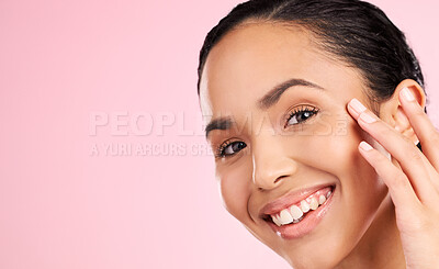 Buy stock photo Skincare mockup, beauty and portrait of woman in studio for wellness, facial treatment and cosmetics. Dermatology, spa and female person touching face for health, glow and shine on pink background