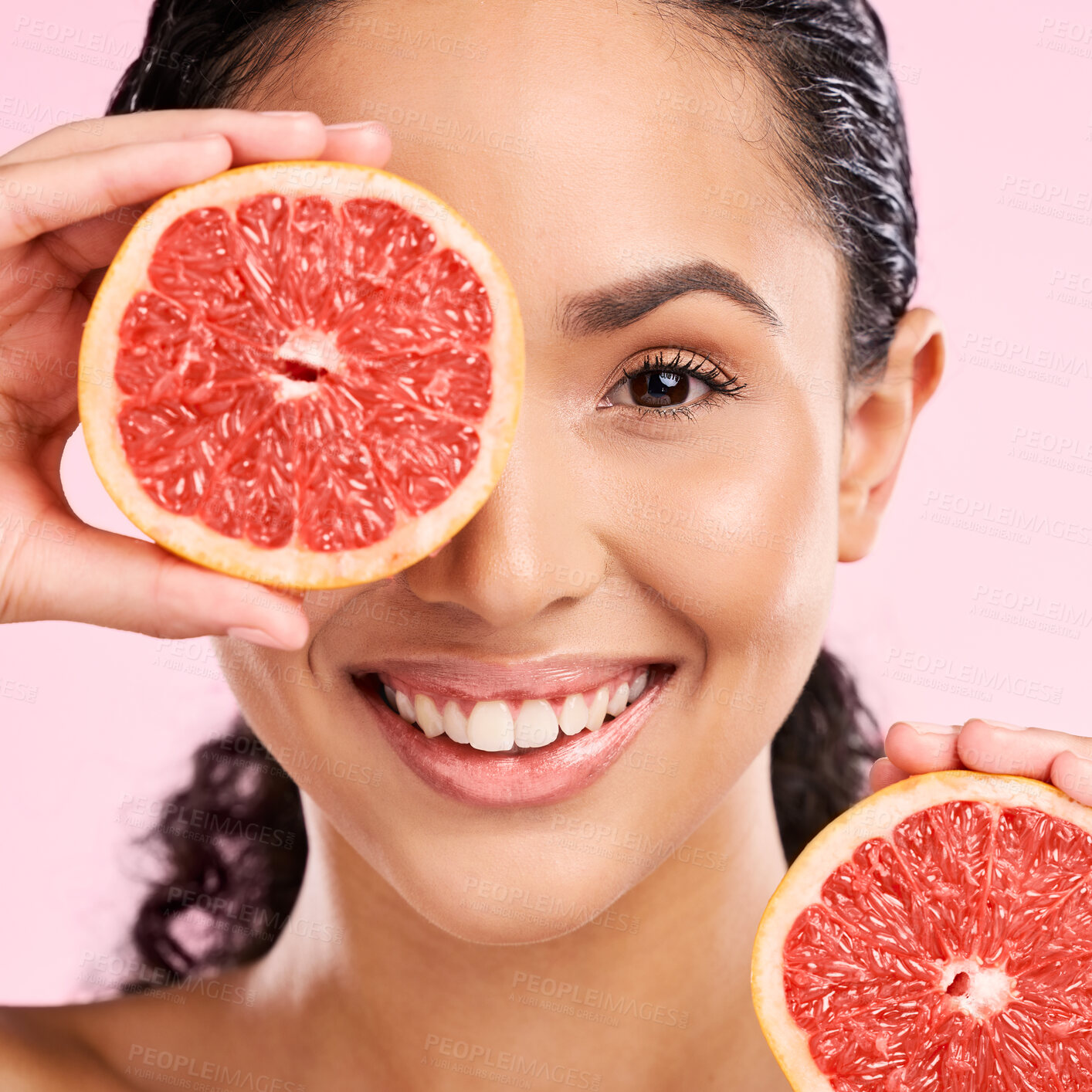 Buy stock photo Grapefruit, beauty and face portrait of a woman with skin care, dermatology and natural glow. A happy young female aesthetic model with fruit for vitamin c, cosmetics or healthy diet and nutrition