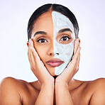 Face mask, portrait and woman in studio skincare, half and cosmetic treatment on grey background. Facial, dermatology and lady wellness model with cream, comparison or result, beauty and satisfaction