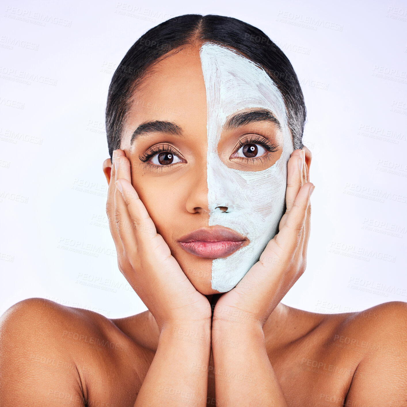 Buy stock photo Face mask, portrait and woman in studio skincare, half and cosmetic treatment on grey background. Facial, dermatology and lady wellness model with cream, comparison or result, beauty and satisfaction