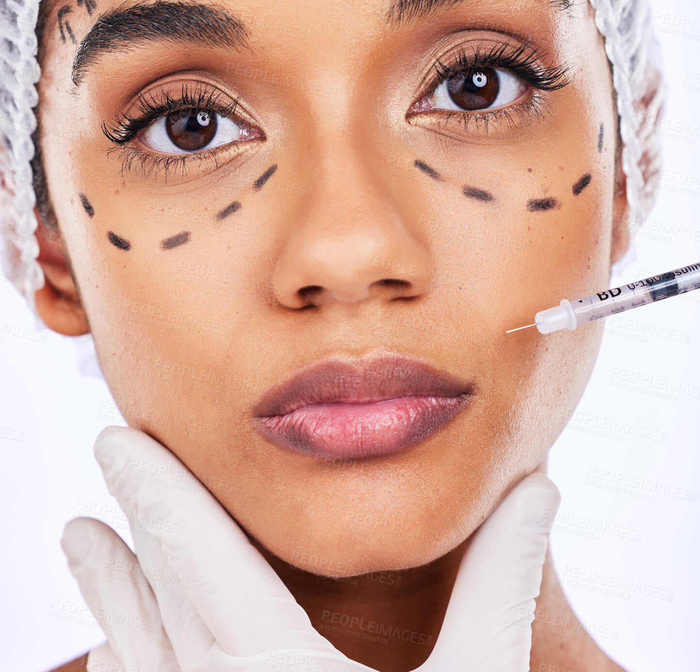 Buy stock photo Plastic surgery, beauty and injection with portrait of woman in studio for lip filler, skincare and collagen. Spa treatment, medical and cosmetics with face of person on white background for facial