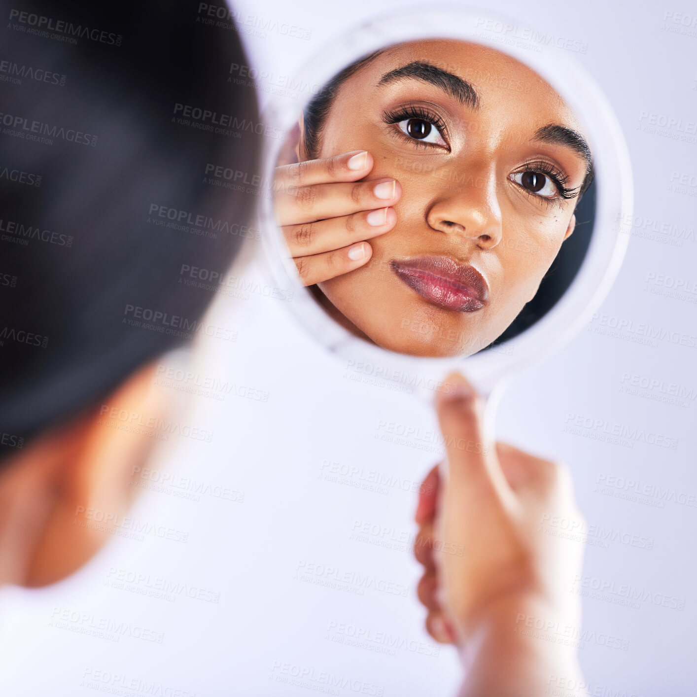 Buy stock photo Studio, skincare and portrait of woman with mirror for skin, check or facial results on grey background. Beauty, reflection and female model with cosmetic, inspection and dermatology wellness routine