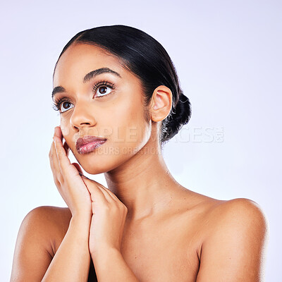 Buy stock photo Thinking, glow and woman with skincare, dermatology or self care against a white studio background. Female person, wellness or model with cosmetics, bare or ideas with aesthetic, decision or wellness