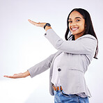 Advertising, portrait and happy woman gesture at business product space, brand log design or corporate sales announcement. Commercial, presentation or professional branding person on white background
