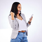 Fist, celebration and happy woman with phone in studio for news, deal or sign up success on white background. Wow, hand and excited lady winner with smartphone for sale, discount or coming soon promo