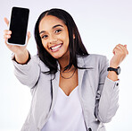 Phone, screen and portrait of happy woman in studio with news, discount or sale promotion on white background. Smartphone, display and face of excited female with coming soon, sign up or contact info