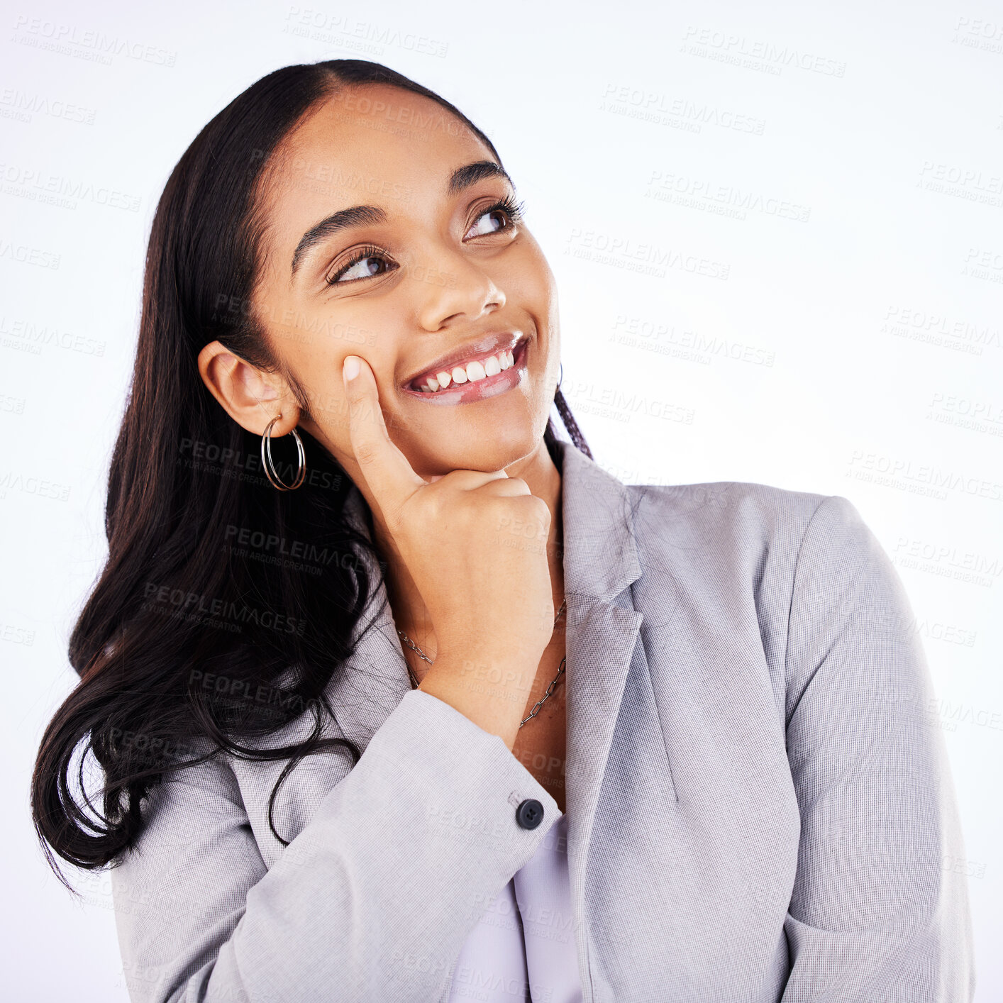 Buy stock photo Happy business woman, thinking face and ideas in studio, white background and vision of mindset, planning and future inspiration. Female worker daydream of decision, remember memory and solution 