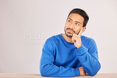 Buy stock photo Why, thinking and space with man and idea in studio for confused, brainstorming and question. Doubt, solution and choice with asian person on white background for decision, opportunity and mockup