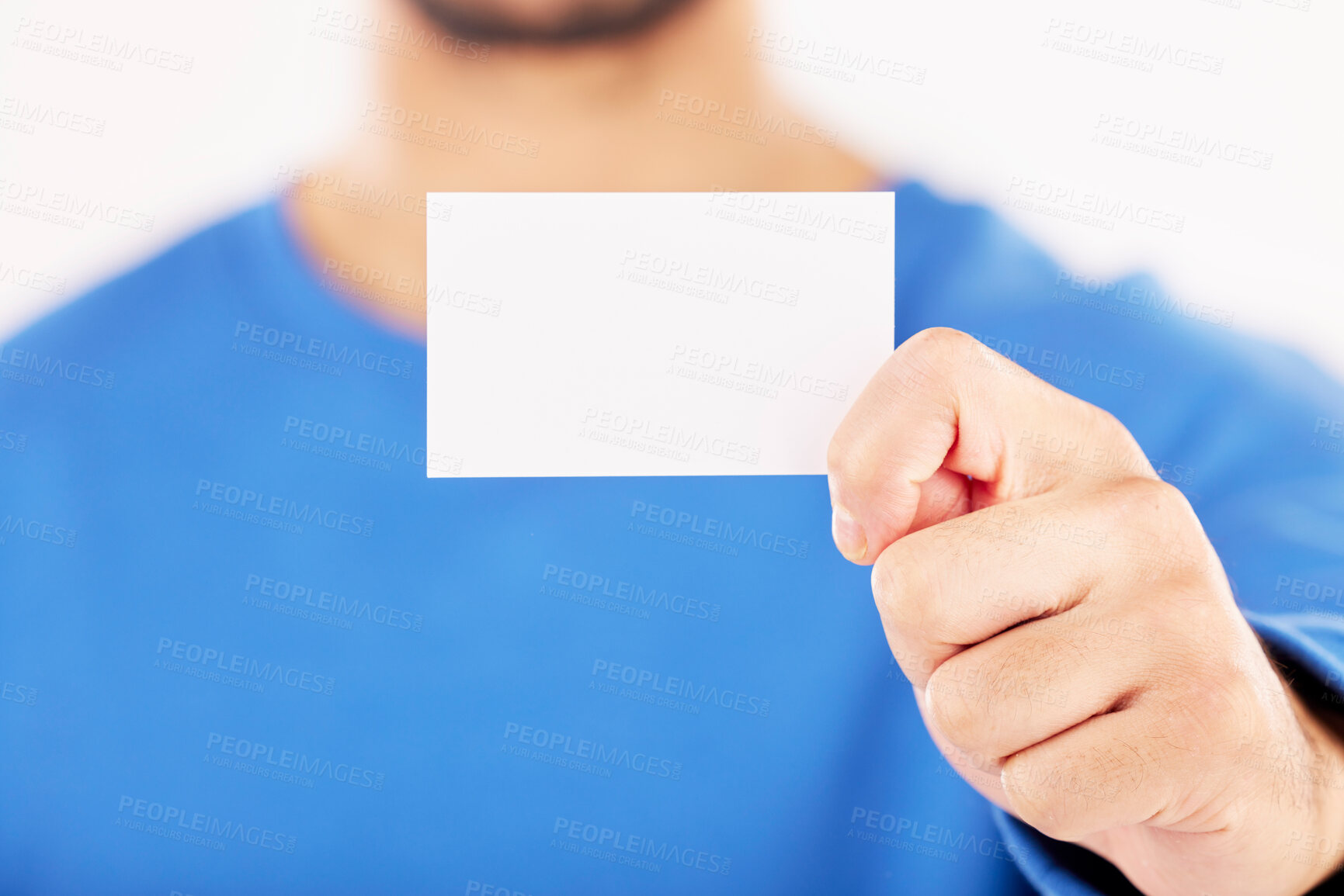 Buy stock photo Mockup, business card and hands in studio for advertising, branding about us or information sign. Closeup of person show space on paper for promotion, contact note or announcement on white background