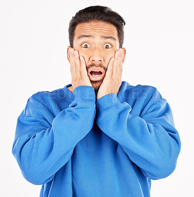 Buy stock photo Scared, wow and portrait of asian man with surprise in studio for gossip, fear or crazy drama on white background. Omg, wtf and face of male model with expression for terror, horror emoji or bad news