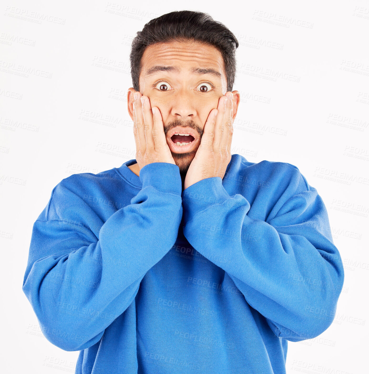 Buy stock photo Scared, wow and portrait of asian man with surprise in studio for gossip, fear or crazy drama on white background. Omg, wtf and face of male model with expression for terror, horror emoji or bad news