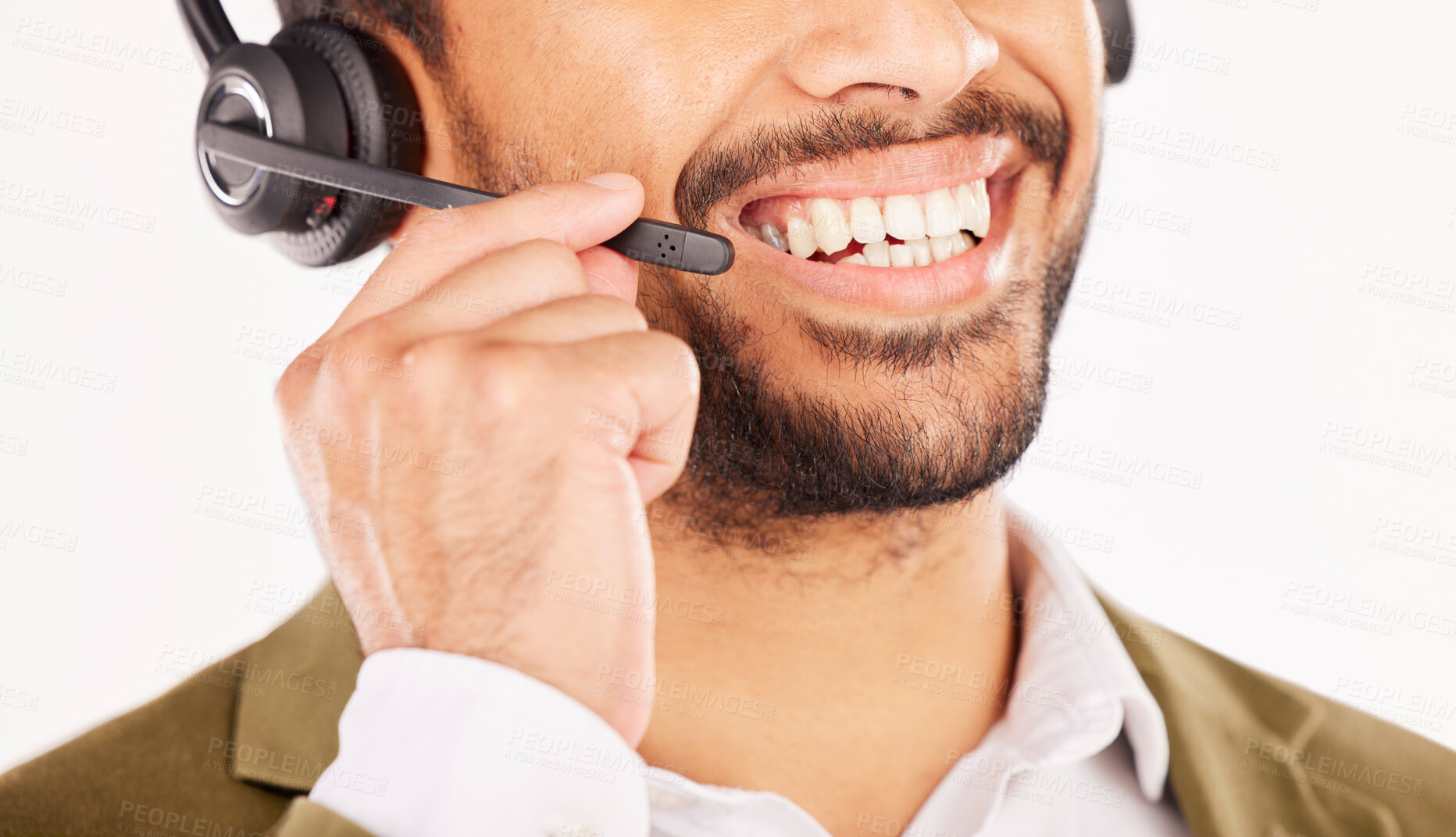 Buy stock photo Call center, happy man or mouth of consultant, customer service and CRM microphone in studio. Closeup face of salesman, agent and telemarketing advisory, contact or FAQ questions on white background