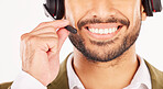 Call center, man and mouth in studio with microphone for customer service, advisory or contact on white background. Closeup face of CRM salesman, IT support and telecom of FAQ telemarketing questions