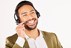 Call center, asian man and smile in studio for customer service, sales advisory and contact us on white background. Face of CRM consultant, IT support or communication of FAQ telemarketing questions
