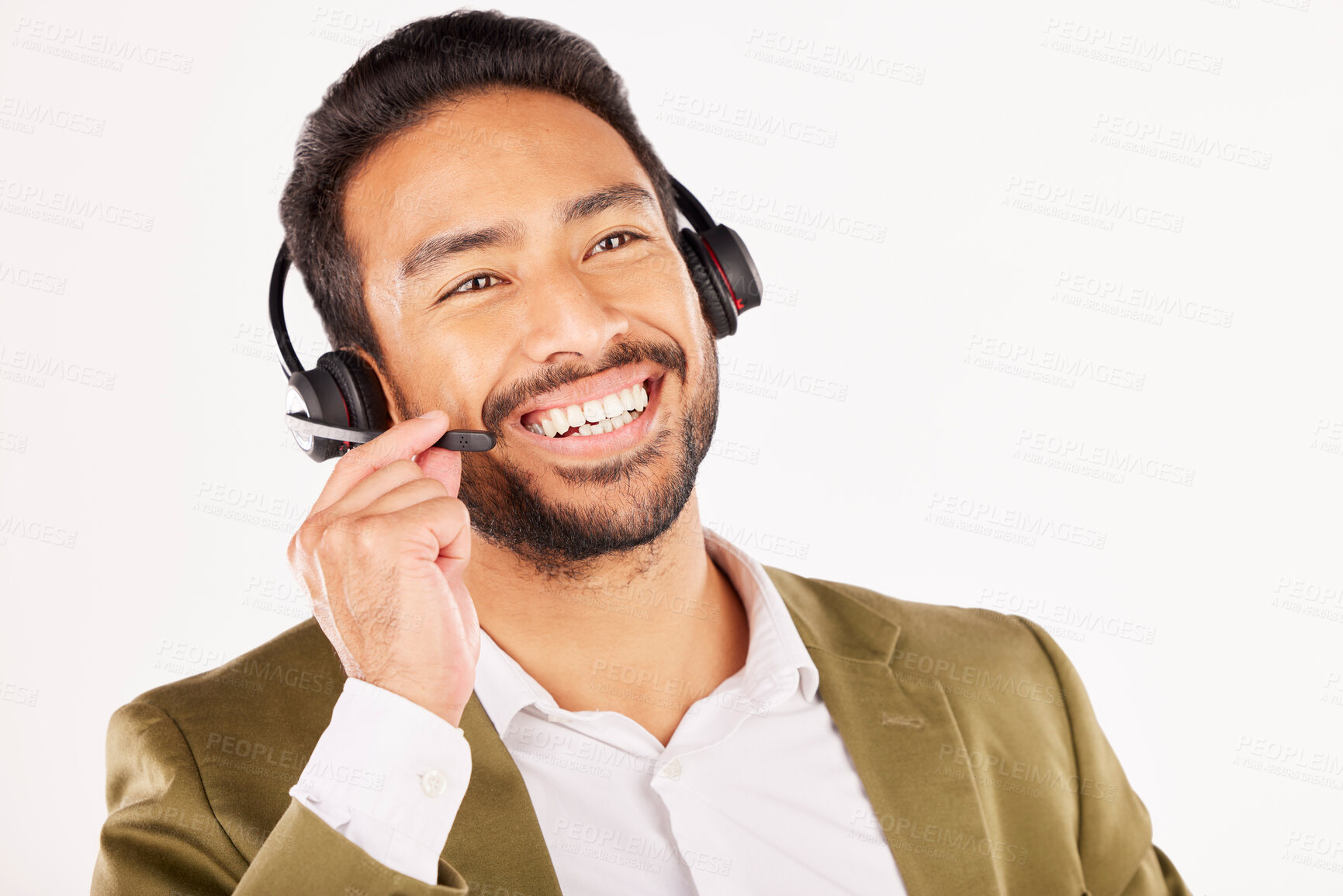 Buy stock photo Call center, asian man and smile in studio for customer service, sales advisory and contact us on white background. Face of CRM consultant, IT support or communication of FAQ telemarketing questions
