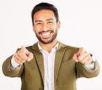 Portrait, asian man and pointing to you in studio, white background and hands for choice of business decision, winner or opportunity. Happy HR manager, finger emoji and vote of hiring for recruitment