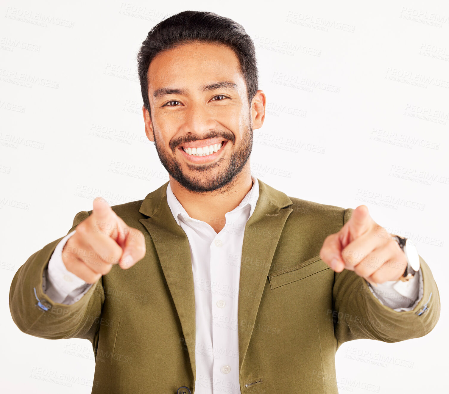 Buy stock photo Portrait, asian man and pointing to you in studio, white background and hands for choice of business decision, winner or opportunity. Happy HR manager, finger emoji and vote of hiring for recruitment