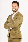 Professional, fashion and portrait of man with crossed arms in studio with confidence, happiness and pride. Happy, business and male person smile in formal clothes, style and suit on white background