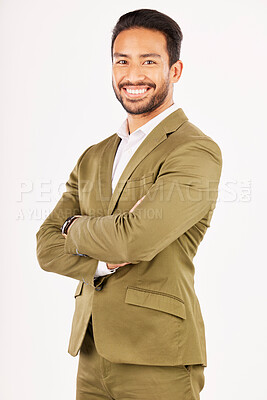 Buy stock photo Professional, fashion and portrait of man with crossed arms in studio with confidence, happiness and pride. Happy, business and male person smile in formal clothes, style and suit on white background