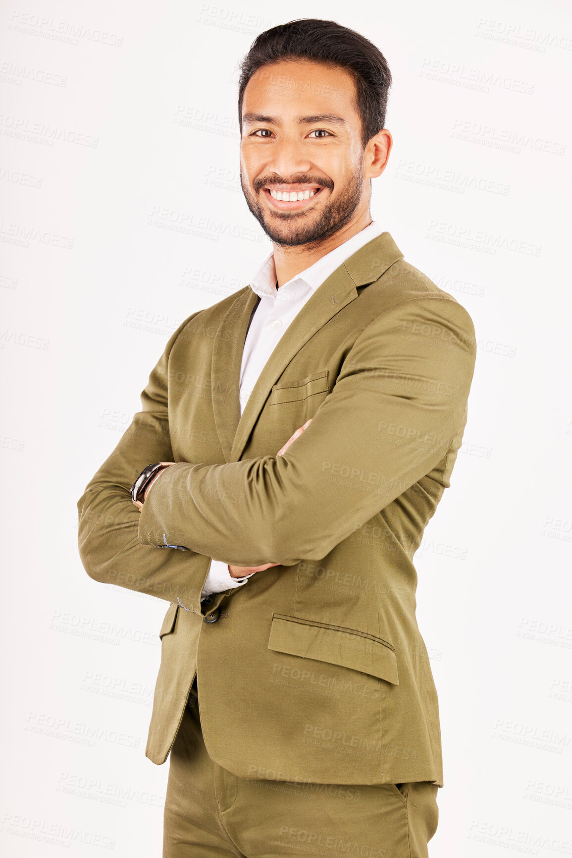 Buy stock photo Professional, fashion and portrait of man with crossed arms in studio with confidence, happiness and pride. Happy, business and male person smile in formal clothes, style and suit on white background