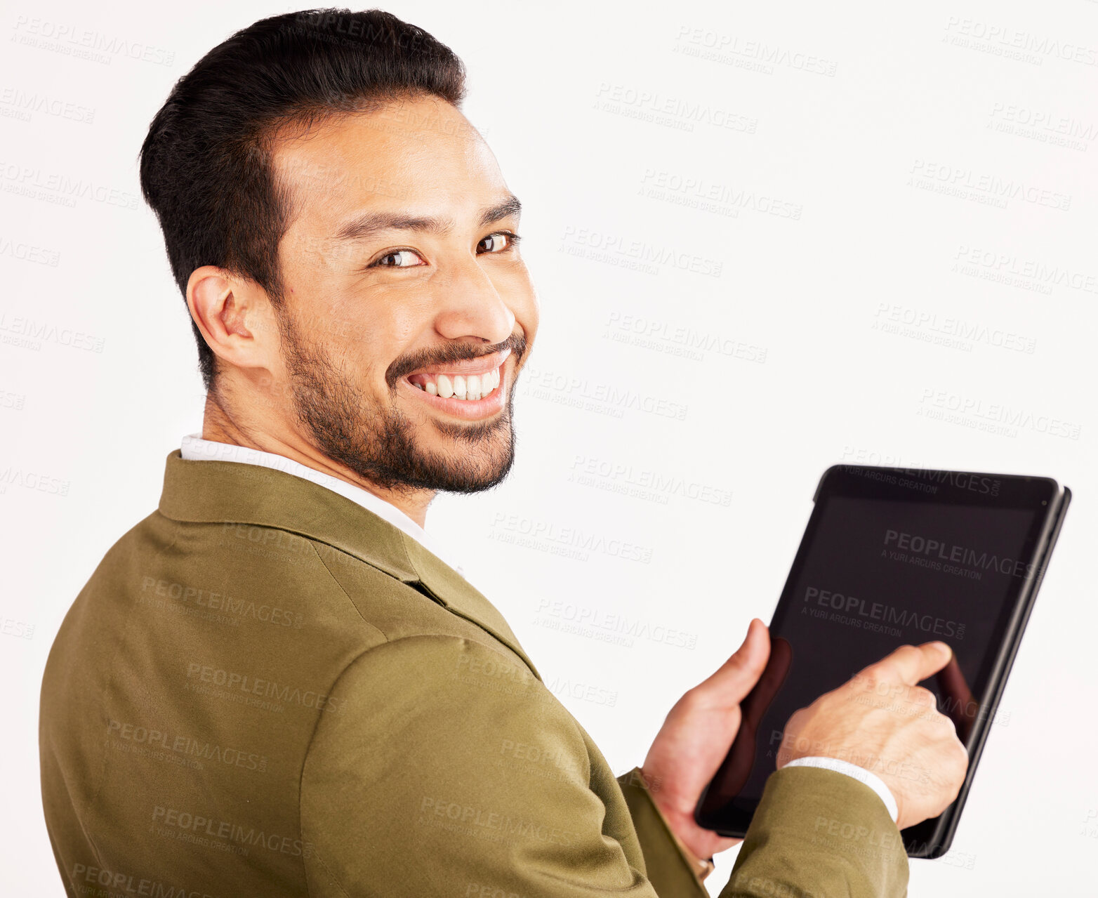 Buy stock photo Portrait, business man and tablet mockup on screen in studio, white background or search stock market trading information. Face of happy asian trader, digital technology or internet space of app data