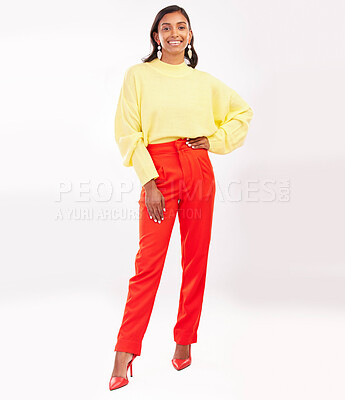 Buy stock photo Happy, fashion and portrait of Indian woman in studio with confidence, happiness and pride. Professional, business and excited female person in trendy clothes, style and stylish on white background