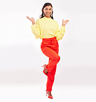 Happy, fashion and Indian woman with surprise in studio with confidence, happiness and pride. Professional, business and excited female person in trendy clothes, style and clothes on white background