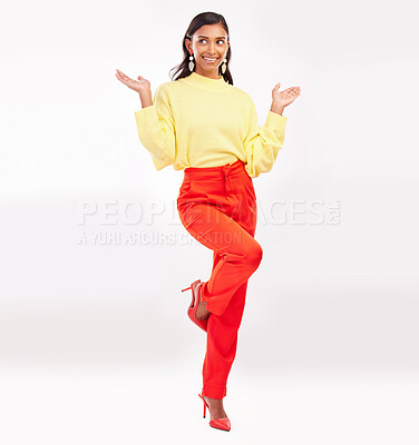 Buy stock photo Happy, fashion and Indian woman with surprise in studio with confidence, happiness and pride. Professional, business and excited female person in trendy clothes, style and clothes on white background