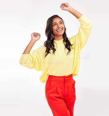 Buy stock photo Indian woman, dance and happy with fashion in studio with white background for beauty, cosmetics or happiness on face. Celebration, smile and excited person with fun energy or style of trendy clothes