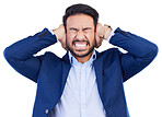 Stress, anger and screaming with business man in studio for headache, frustrated and burnout. Mental health, anxiety and angry with male employee on white background for fatigue, mistake and problem