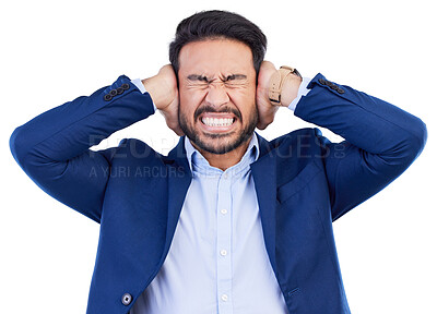 Buy stock photo Stress, anger and screaming with business man in studio for headache, frustrated and burnout. Mental health, anxiety and angry with male employee on white background for fatigue, mistake and problem