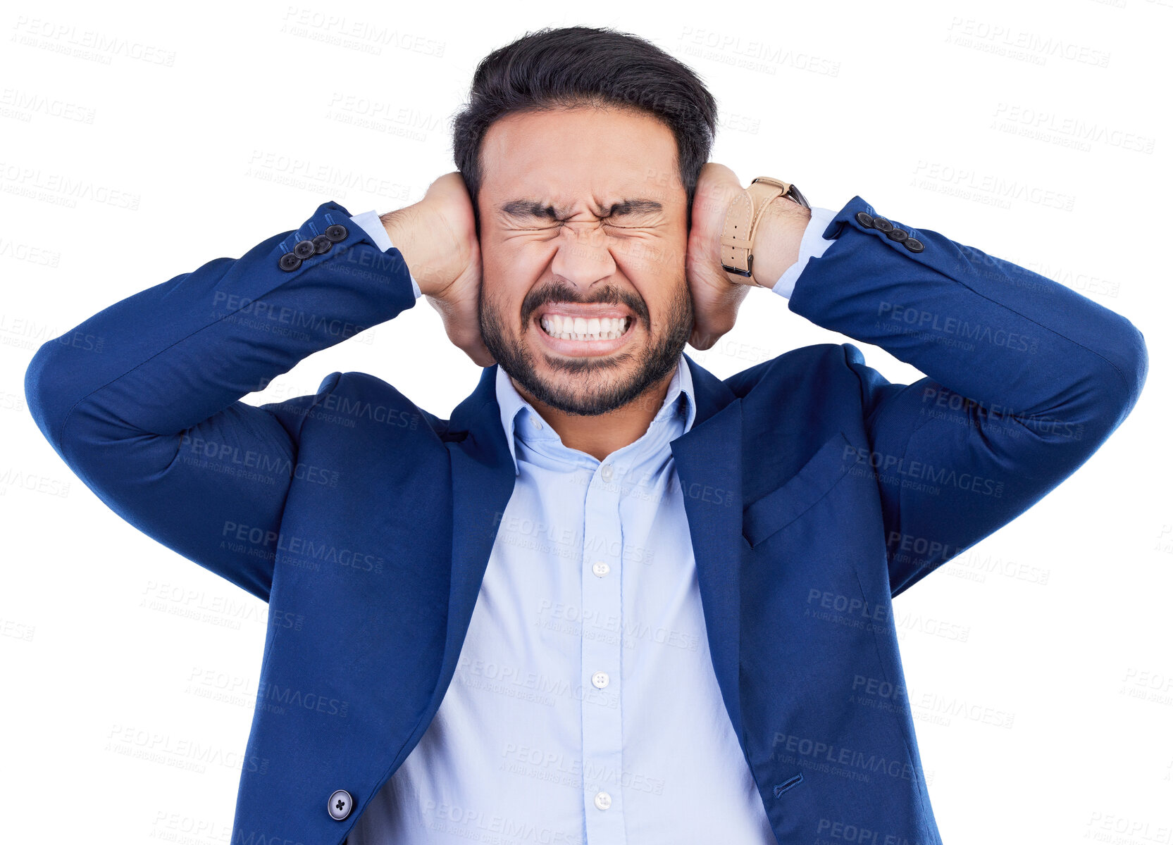 Buy stock photo Stress, anger and screaming with business man in studio for headache, frustrated and burnout. Mental health, anxiety and angry with male employee on white background for fatigue, mistake and problem