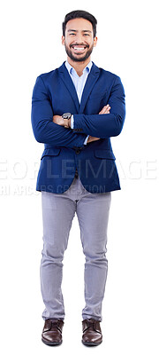 Buy stock photo Business, portrait and asian man in studio with arms crossed of financial advisor, professional style and trading in suit on white background. Worker, confident trader and smile in corporate fashion