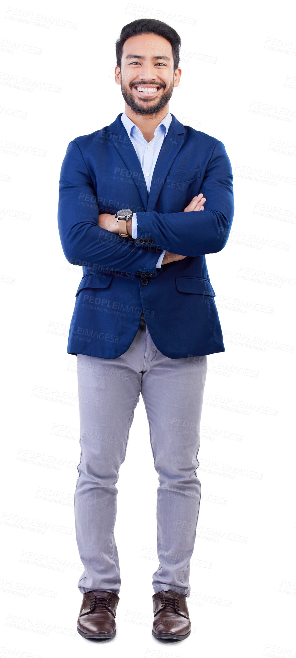 Buy stock photo Business, portrait and asian man in studio with arms crossed of financial advisor, professional style and trading in suit on white background. Worker, confident trader and smile in corporate fashion